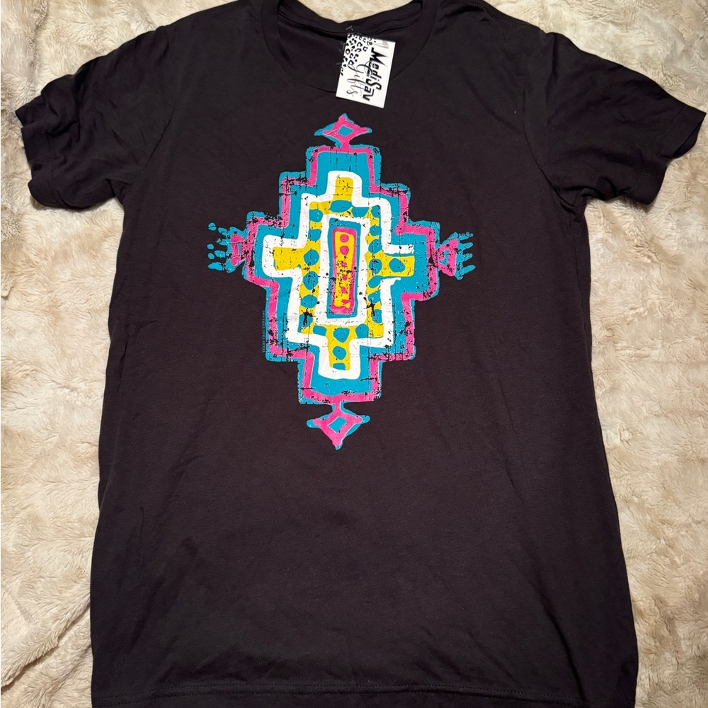 Black T-Shirt with Colorful Geometric Design